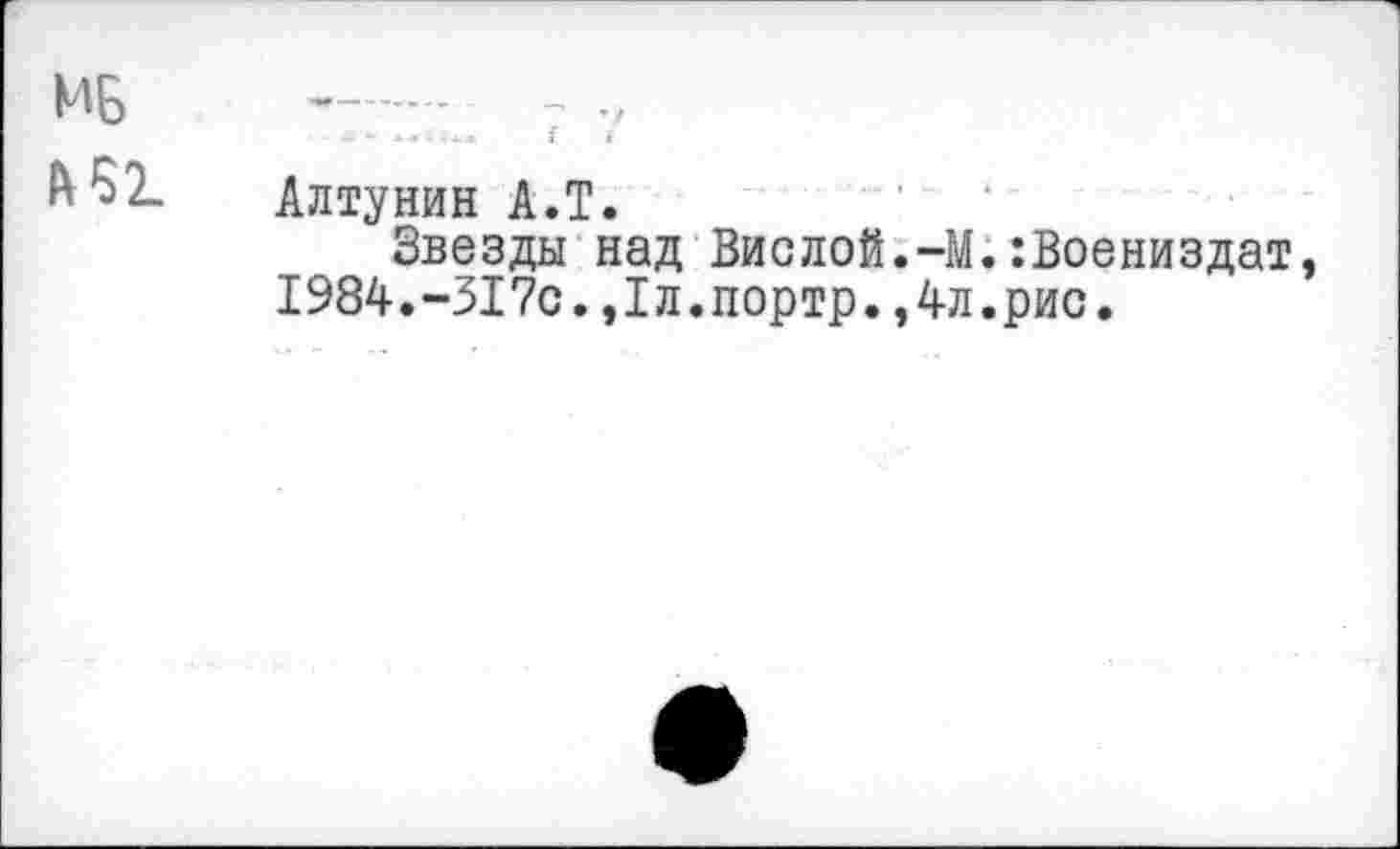 ﻿МБ
Алтунин А.Т.
Звезды над Вислей.-М 1984.-317с.,1л.портр.,4л
:Воениздат, рис.